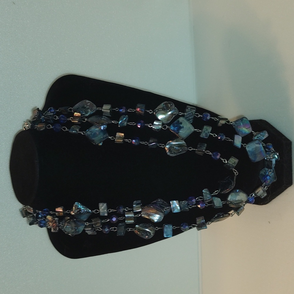 Blue Abalone Shell Beaded 3 Strand Silver Tone Layering Collar Necklace